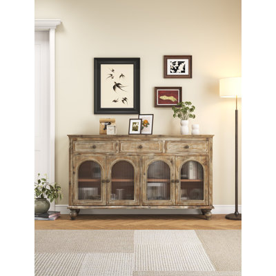 59.06 Inch Farmhouse Sideboard Buffet Cabinet, Distressed Wood with 3 Drawers & 4 Glass Doors for Versatile Storage and Display