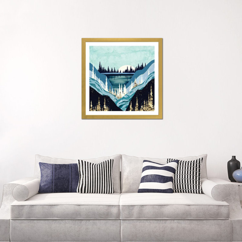 Blue Forest Lake - impression d'art graphique, H 24 po x l 24 po x p 1 po, Blanc, Papier encadré doré