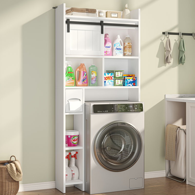 Armoire de rangement de salle de bain au-dessus de la toilette avec porte coulissante, organisateur compact de 7,5 po de profondeur avec tablettes à 3 niveaux et porte-papier hygiénique