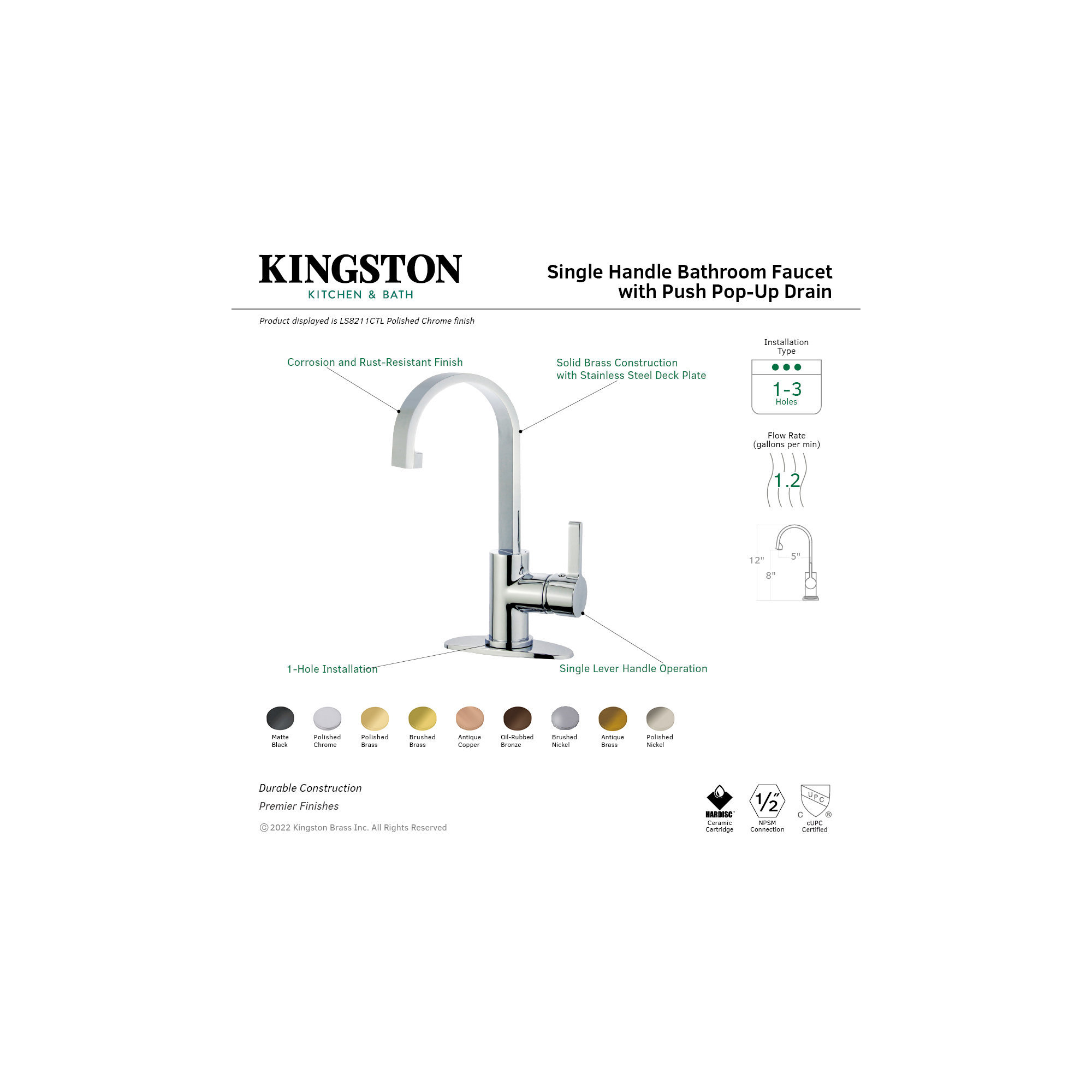 Kingston Brass Continental Single-Handle 1-Hole Deck Mount Bathroom Faucet with Push Pop-Up, Polished Chrome