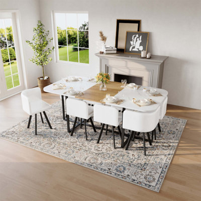 Ensemble de salle à manger carré de 9 pièces avec plateau en faux marbre et imitation bois, 8 chaises en similicuir, parfait pour les repas de famille et les réunions.