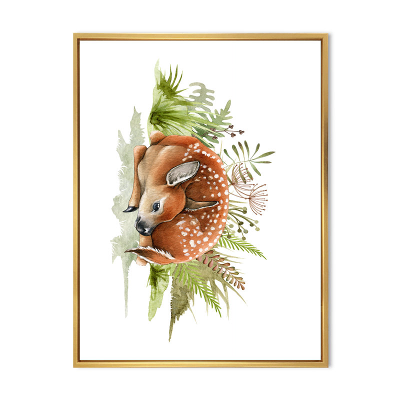 «Forest Deer Cub In The Grass», reproduction sur toile, Toile à cadre flottant doré, H 32 po x l 24 po