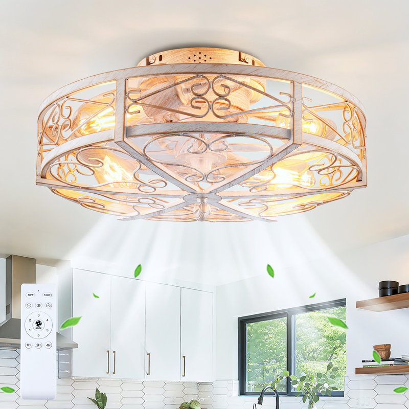  20'' Farmhouse Reversible Caged Ceiling Fan with Light Kit And Remote, Distressed White