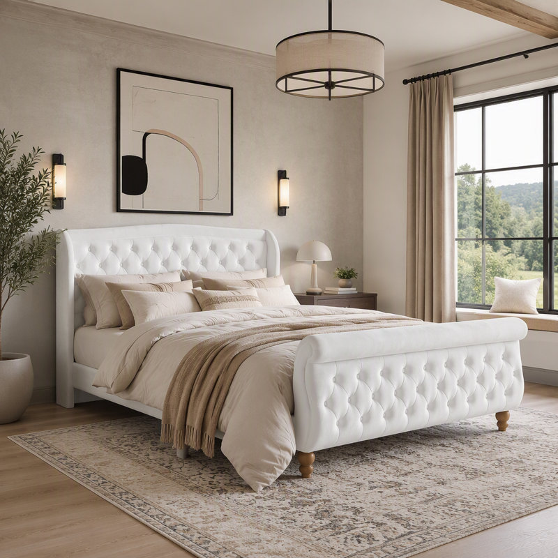 Cadre de lit capitonné en velours, lit plateforme traîneau à boutons avec tête et pied de lit incurvés, Grand lit, Beige