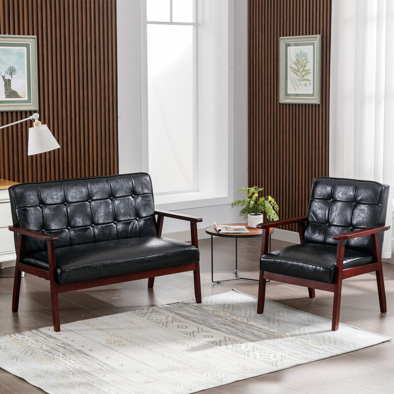 Ensemble de causeuse et de fauteuil d'appoint à accoudoirs capitonnés en bois 2 pièces Judeth, Similicuir noir