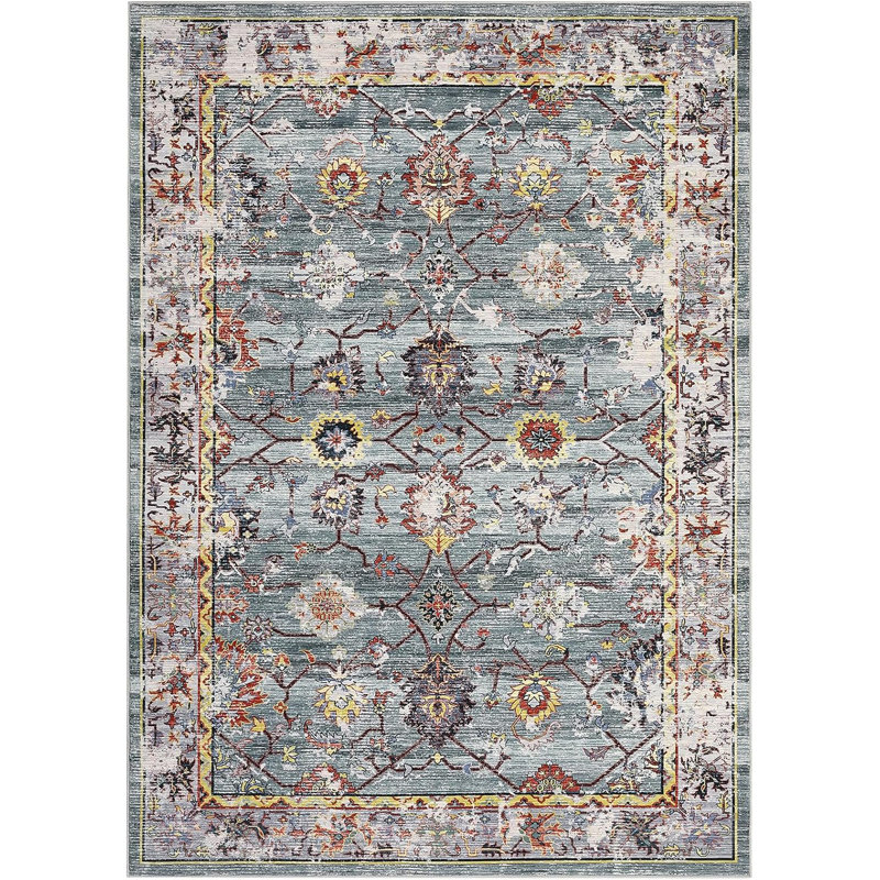 5'x7' Vintage Decorative Area Rug, Polyester, Washed Back, Folding Printed Oriental Traditional Persian Design, Non-Shedding, Easy Care, Ideal Green.