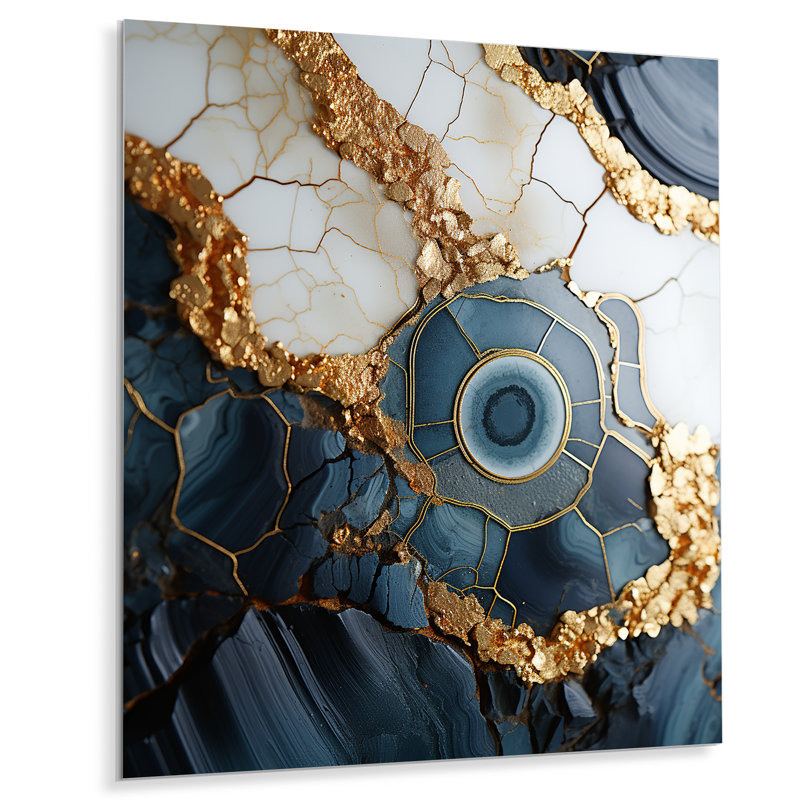 Art mural doré et bleu Geode IV - encre liquide abstraite, H 32 po x l 24 po x P 1 po