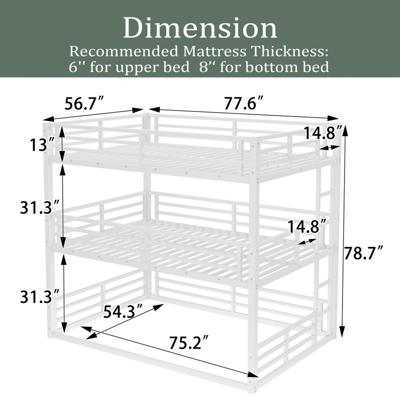 Full Over Full Over Full Bunk Bed, Metal Triple Bunk Bed With Safety Guardrails, Heavy-Duty Bunk Bed With Noise-Reduced Design