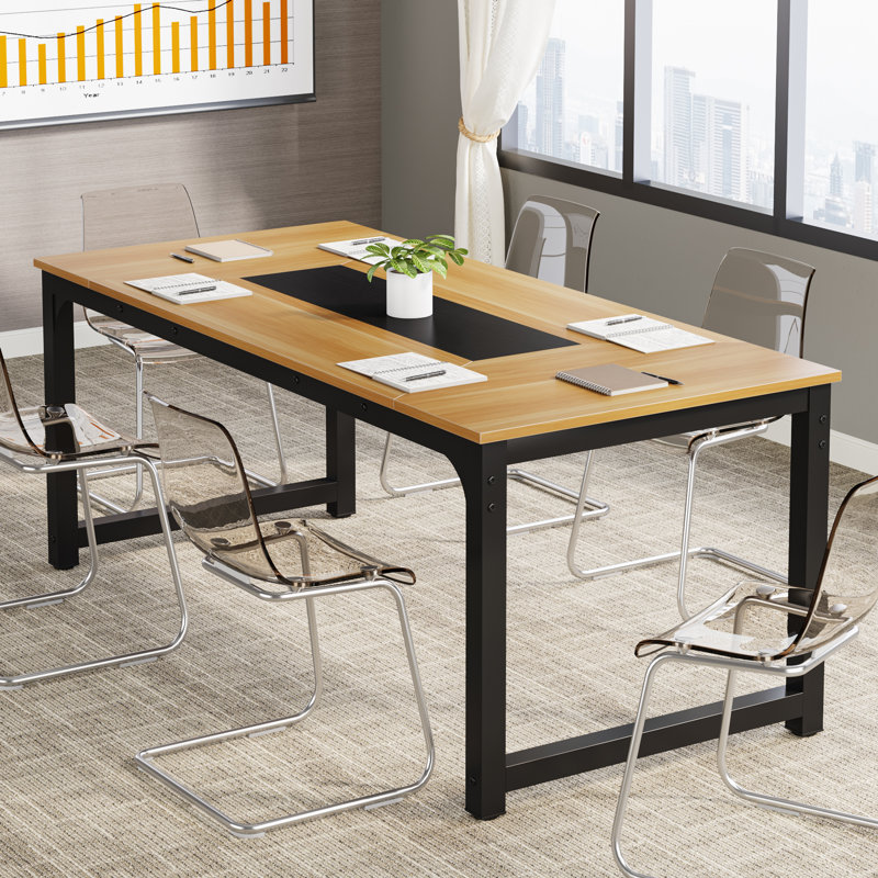 Solid Wood Rectangle Conference Table with 1 Chairs, Walnut, Black, 76.2cm H x 199.9cm W x 100.3cm D