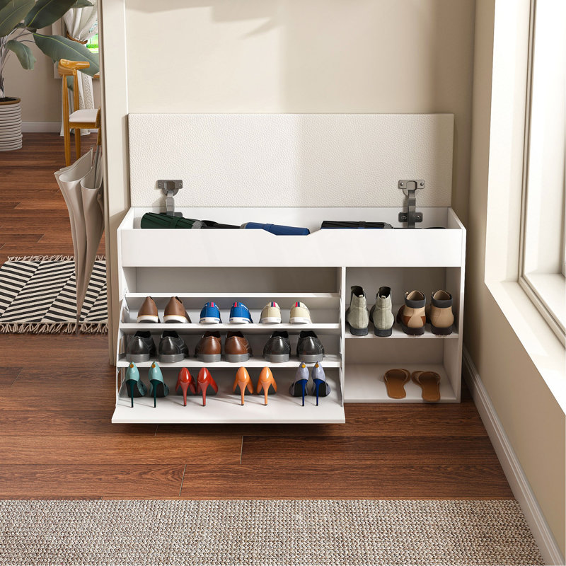 Banc d'entrée avec rangement pour chaussures, tiroirs rabattables réglables à 3 niveaux et armoire cachée, rangement pour chaussures peu encombrant, rangement triple et design moderne, pour le couloir et le salon, blanc