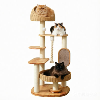 Arbre à chat en bois à plusieurs niveaux de 127 cm avec perchoirs en panier tressé, poteaux à griffer en sisal et jouet en corde - Grand arbre à chat intérieur