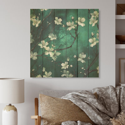 Emerald Cherry Blossoms Symphony - Cherry Wood Wall Art On Natural Pine Wood