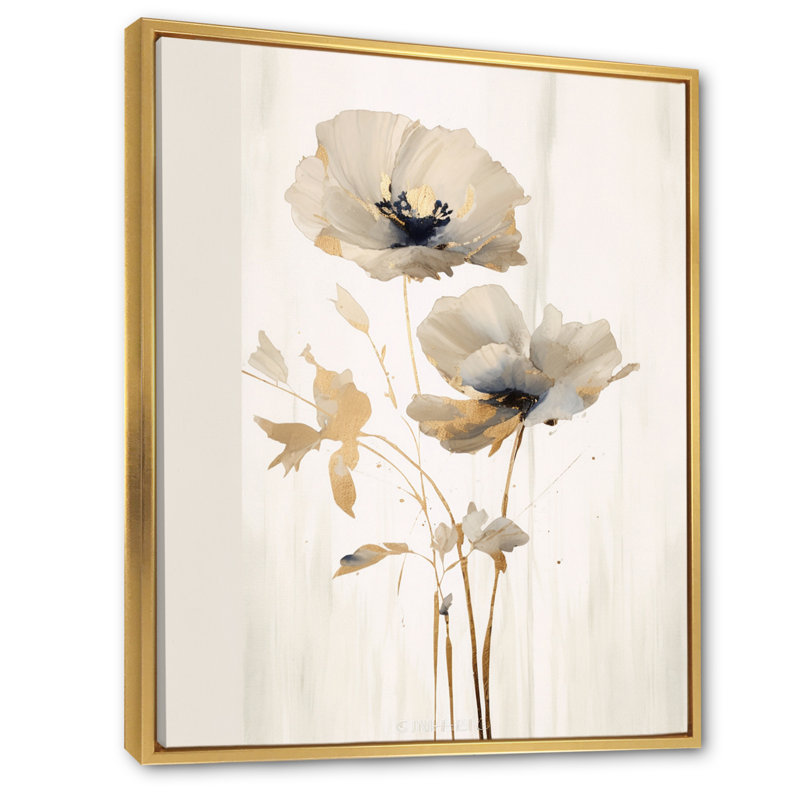 «Cream Vibrant Poppies I», reproduction sur toile, Cadre flottant doré, H 40 po x l 30 po x P 1,5 po
