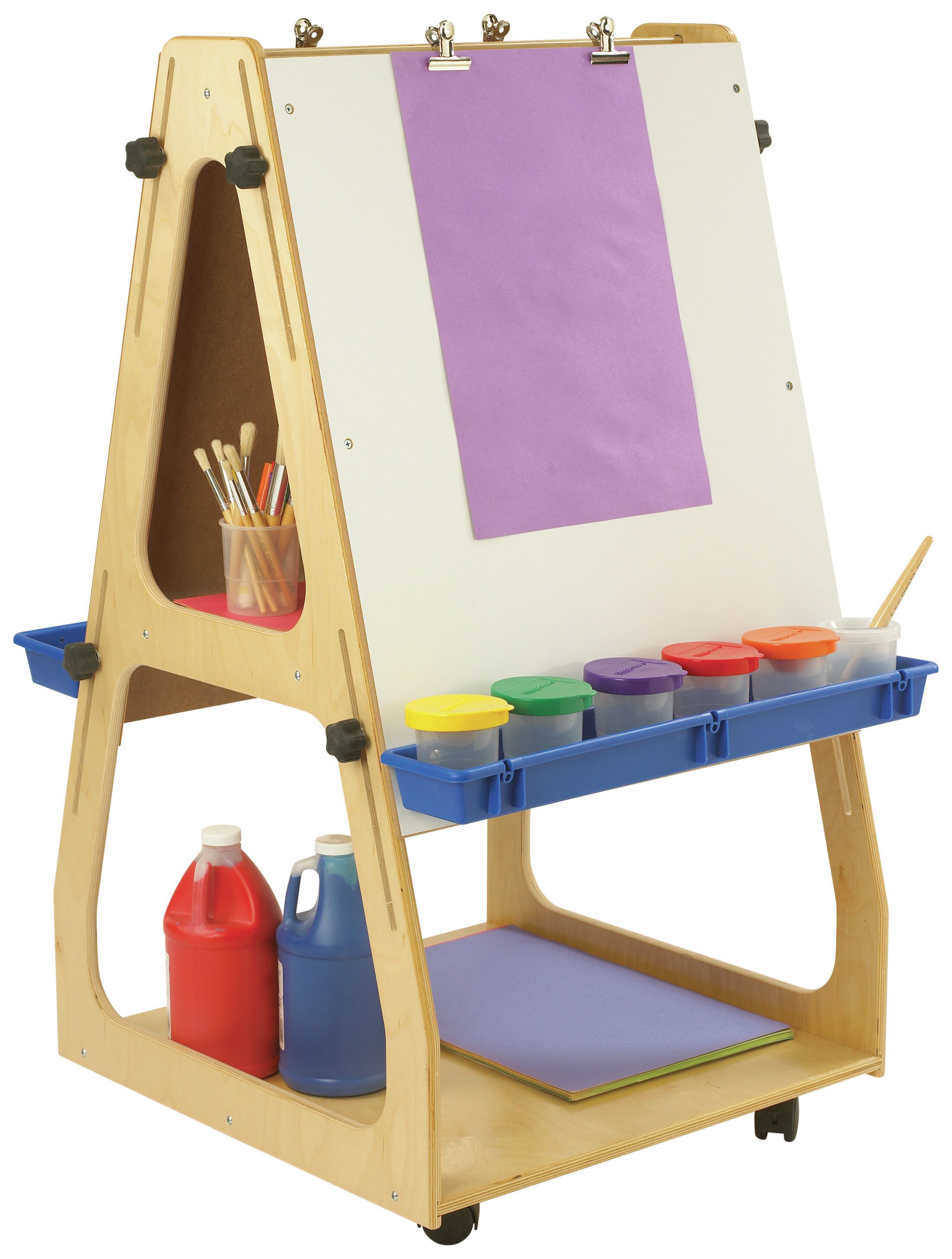 Outdoor/Indoor Classroom Wooden Easel with 2- Blue Paint Tra