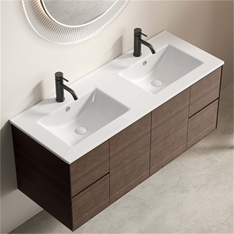 Lavabo de salle de bain à double cuve en céramique - lavabo à rebord mince 121 x 46 x 17 cm, lavabo à double comptoir en porcelaine pour une utilisation efficace dans les salles de bain modernes