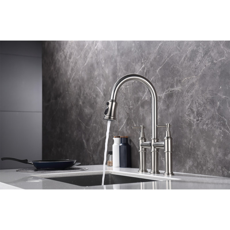 Bridge Kitchen Faucet With Pull-Down Sprayhead In Spot, Brushed Nickel