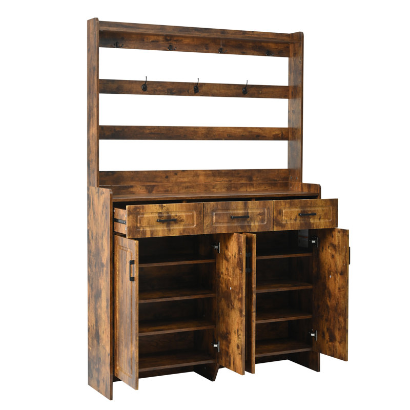 U-Can 51.2''Minimalist Four-Door Shoe Cabinet With Coat Rack, Rustic Brown