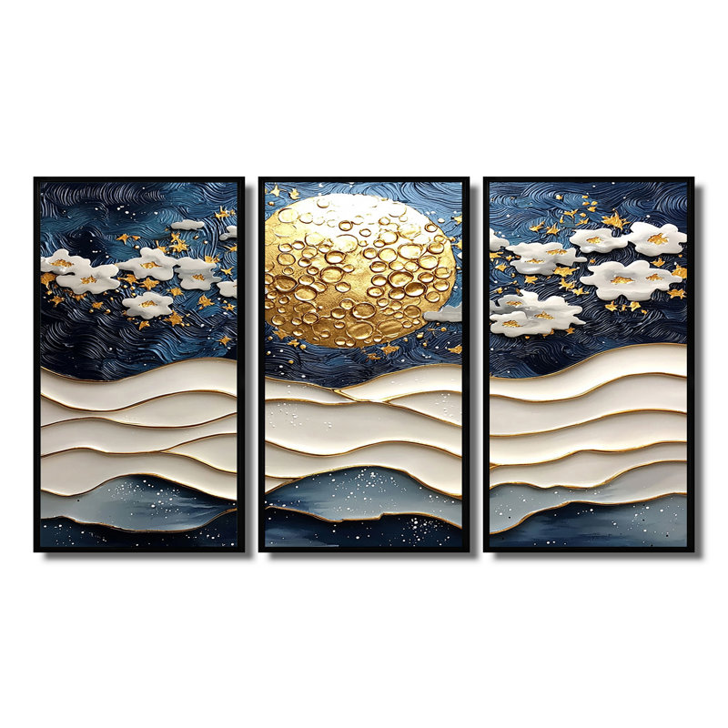 Ensemble de salon Blue Waves Heights Golden Coastal IV - Coastal Wall Art, Toile avec cadre flottant noir