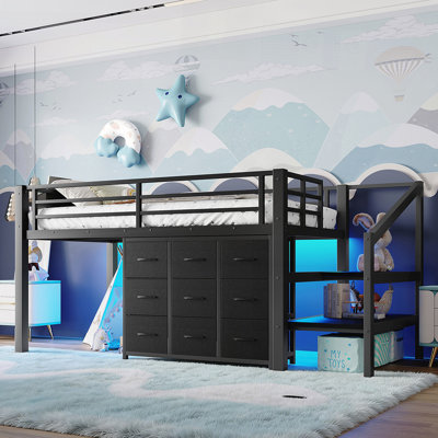 Low Loft Bed with Multi-Storage Spaces, Including Fabric Drawers, Fabric Shelves, Storage Stairs, and Integrated Lights