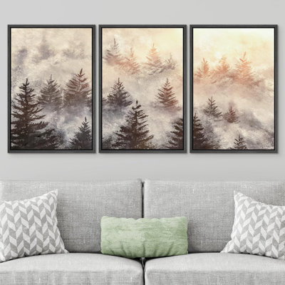 «Misty Pine Forest Mountain Sunrise Nature Floral», impression sur toile 3 pièces