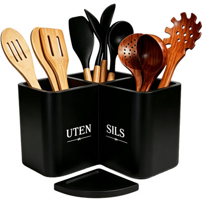 Porte-ustensiles avec 3 compartiments, porte-ustensiles de coin pour comptoir, noir