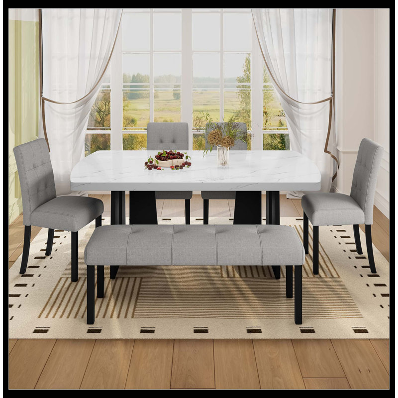 Modern Tufted Linen Dining Bench, Farmhouse Upholstered Entryway Bench With Black Rubber Wood Legs, Versatile For Kitchen, Bedroom, Hallway, Gray