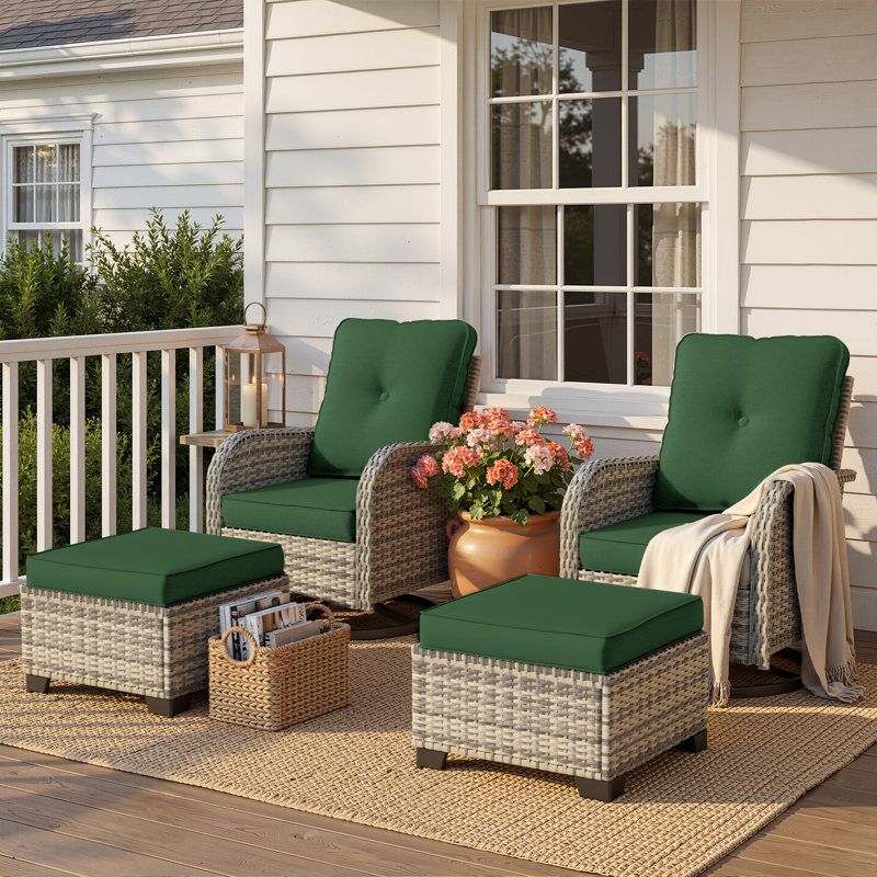 Ensemble de chaises berçantes pivotantes d'extérieur 4 pièces avec coussins et repose-pieds, Vert forêt