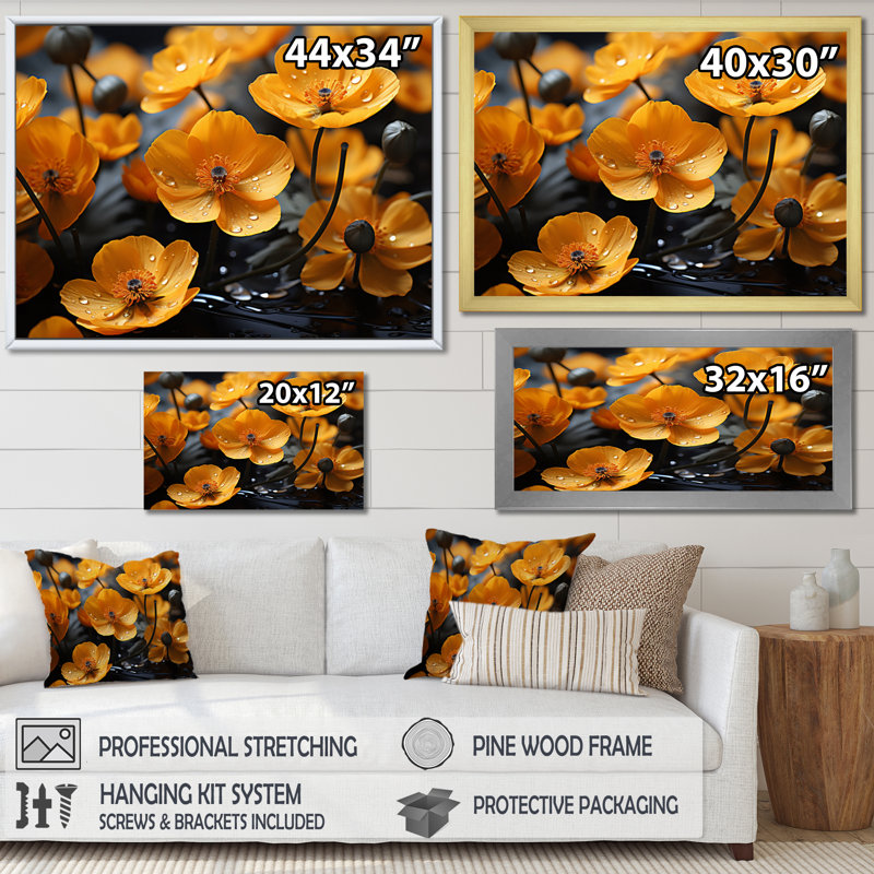 Bouton d'or jaune et gris doré noir et blanc II - décoration murale florale, H 24 po x l 32 po x P 1 po, Blanc