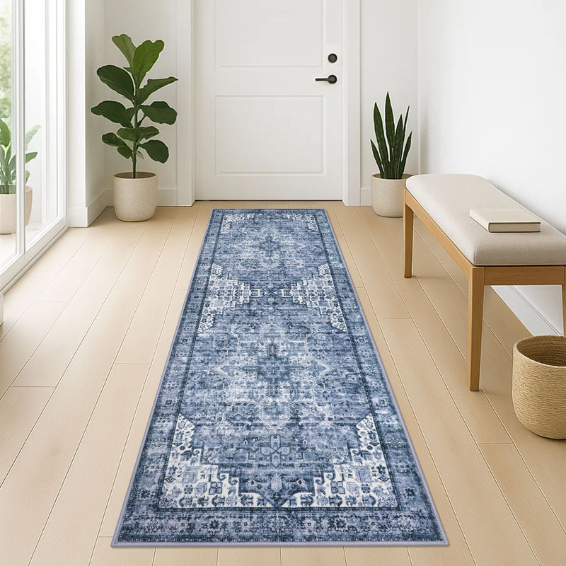 Tapis doux à imprimé médaillon avec envers antidérapant Tapis de salon bleu, Tapis de couloir 2 pi x 6 pi