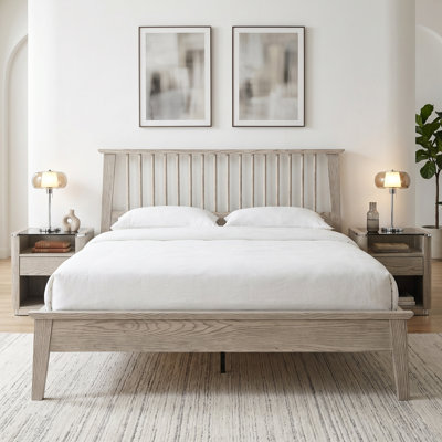 Yuma Queen Size Bed Frame with Headboard & Footboard, Solid Wood Platform Bed, 12 Strong Slatted with Metal Legs, Slip-Free & Noise-Less, Driftwood Gray Oak Finish