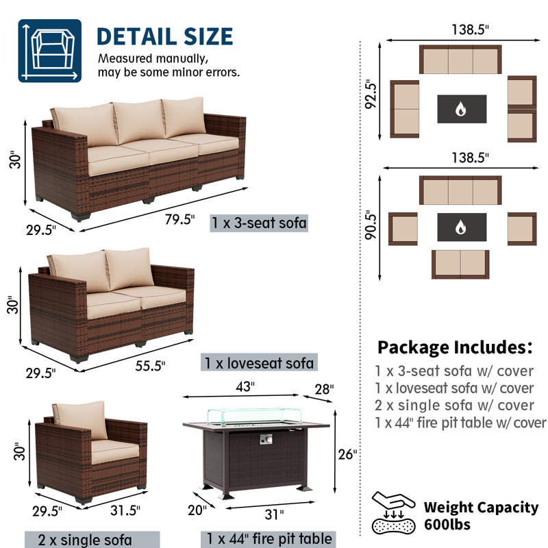 Azoriah 7-Person Wicker Outdoor Seating Group with Fire Pit Table, Khaki, 26" H x 43.5" W x 28" D