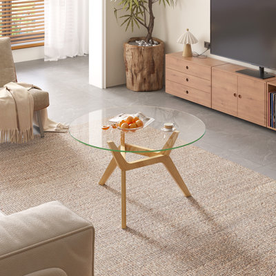 Round Coffee Table with Solid Wood Legs, Minimalist Tempered Glass Table