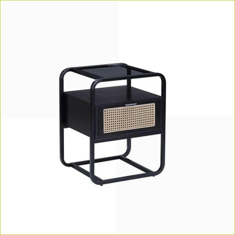 Table basse noire en verre trempé avec des détails en rotin et en métal - Rangement peu encombrant pour le salon, facile à nettoyer