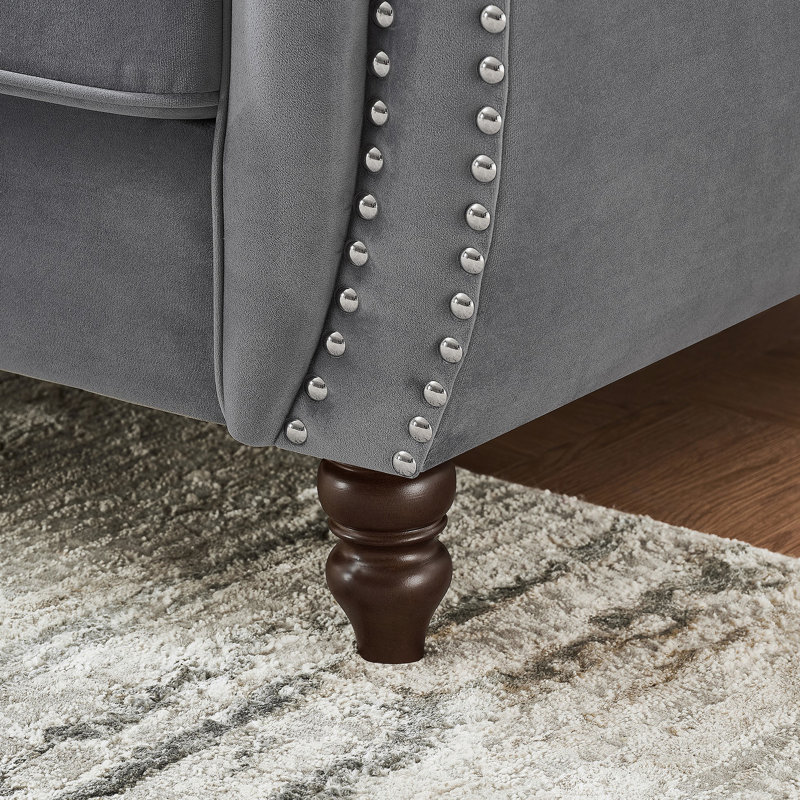 Luxueux canapé Chesterfield rembourré en velours avec accoudoirs roulés et têtes de clous, 3 places de style Mid-Century moderne pour le salon, le bureau et un appartement