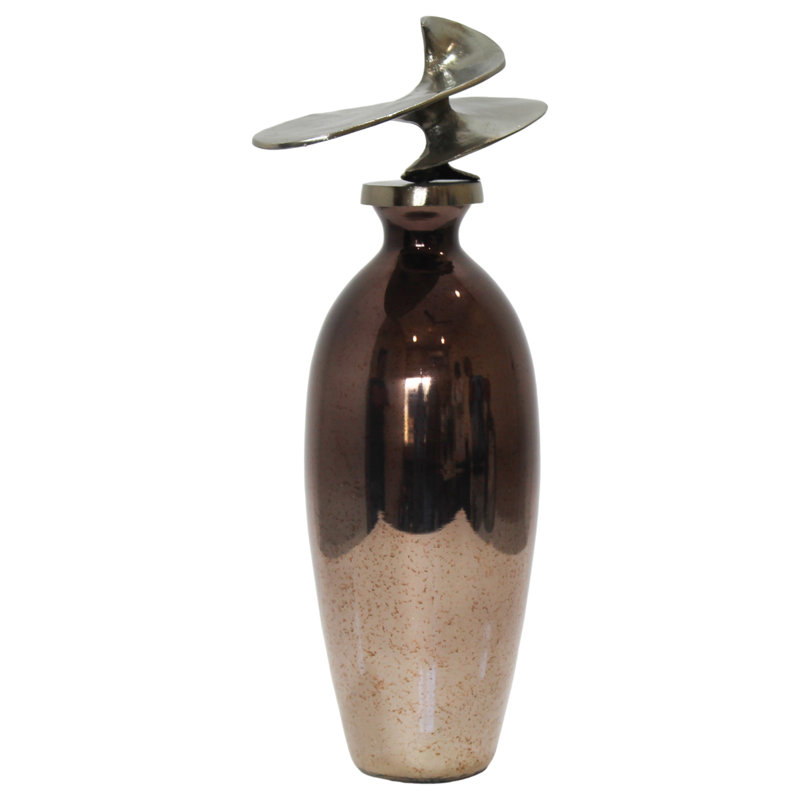 Modern Glass Vase with Sculptural Aluminum Accent, Decorative Metal and Glass Transitional Style Vessel for Contemporary Interiors