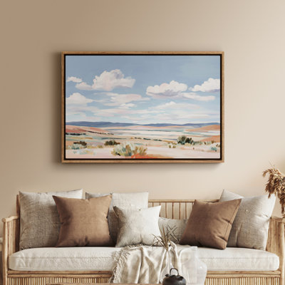 Art mural encadré - Paysage de désert ouvert avec ciel bleu et formes douces au pinceau - 16 po x 24 po, 24 po x 36 po
