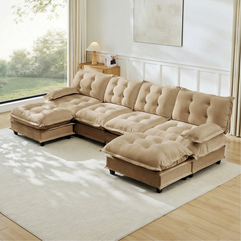 Canapé modulaire en U avec 2 repose-pieds pour salon et appartement, L 138,5 po, Café clair