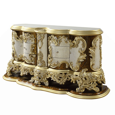 Mara Wide Dresser Chest with 6 Drawers and 2 Doors, Gold, Brown Wood