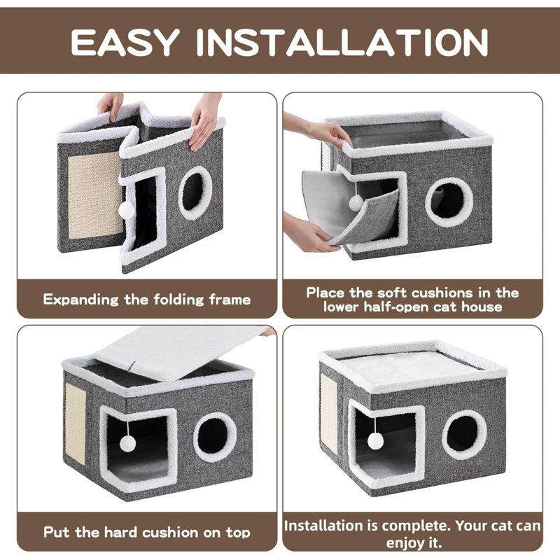 Lits pour chats pour chats d'intérieur, grande grotte pour chat avec boule pelucheuse et bloc-notes, maison de chat pliable pour chat avec cachette pour chaton, 16 x 16 x 13 pouces, gris