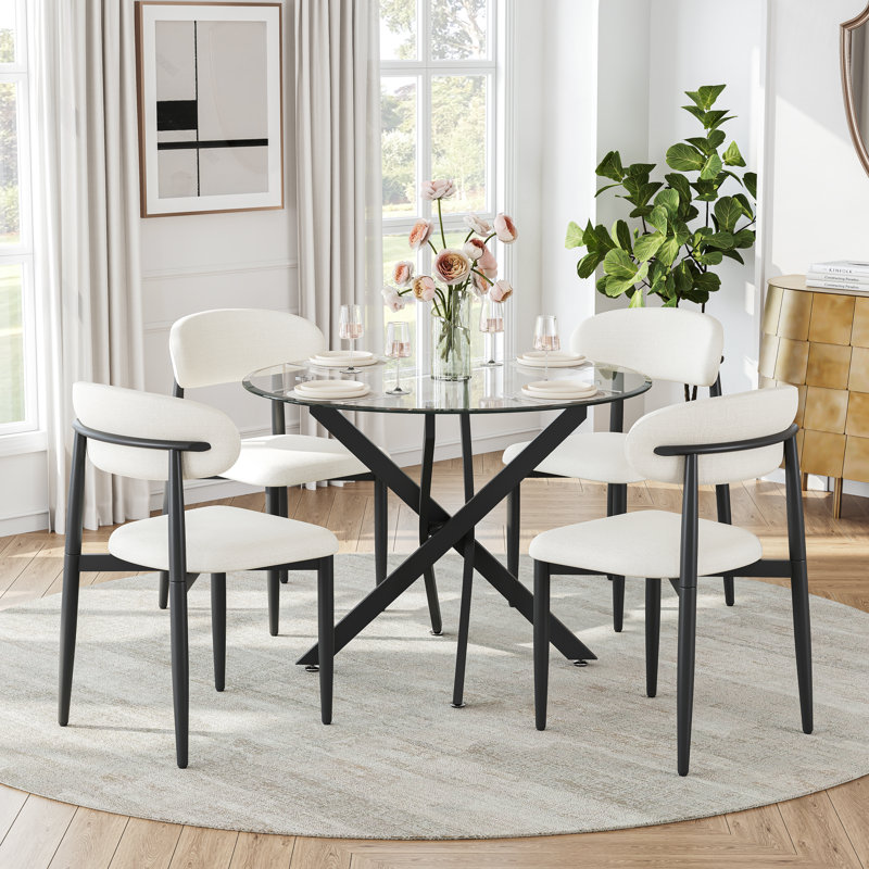 Modern Round Glass Dining Table Set For 2, 36" Tempered Glass Top And Rattan Velvet Upholstered Chairs For Small Dining Spaces