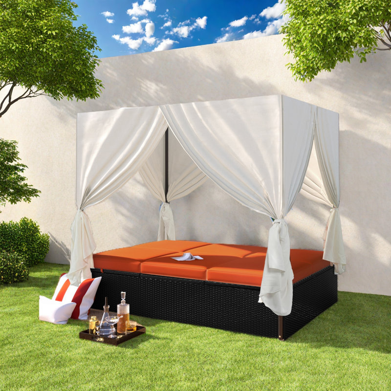 Outdoor Patio Wicker Sunbed Daybed With Cushions, Adjustable Seats, Orange