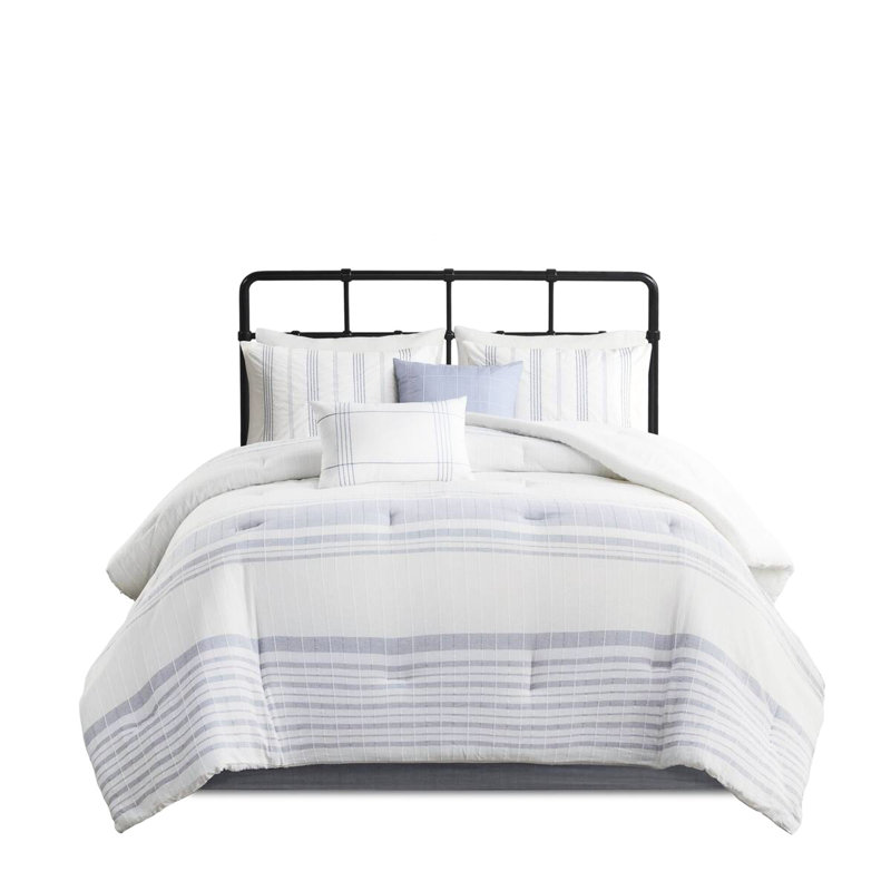 Ensemble de literie en coton 6 pièces pour très grand lit, édredon rembourré, look moderne avec rayures, jupe de lit tombante de 15 po, rayures texturées pour la décoration, lavable à la machine