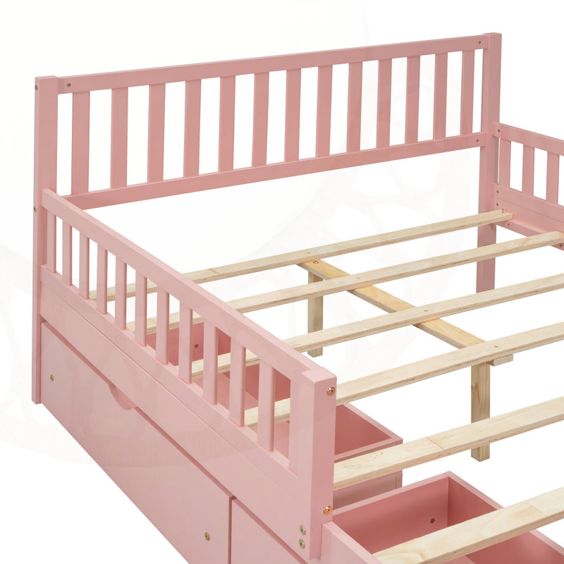 Lit plateforme en bois avec garde-corps des deux côtés et deux tiroirs de rangement, Double, Rose