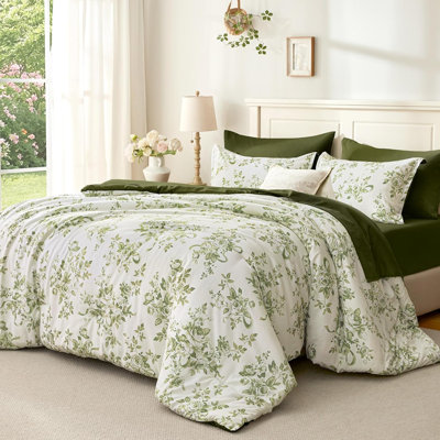 Floral Olive Green Comforter Set Queen Size, 7 Pieces Flower Lightweight Bedding Set For All Seasons, Soft Vintage Bed In A Bag With Comforter, Sheets, Pillowcases & Shams