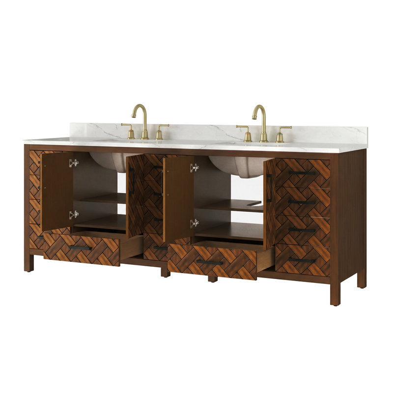 Meuble-lavabo double 84 po avec lavabo double, prise intégrée et plateau en pierre reconstituée 84 po