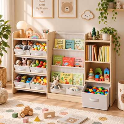 7‑bin kids toy organizer and bookshelf, wooden storage cabinet with wide 51.4” display, for playroom nursery