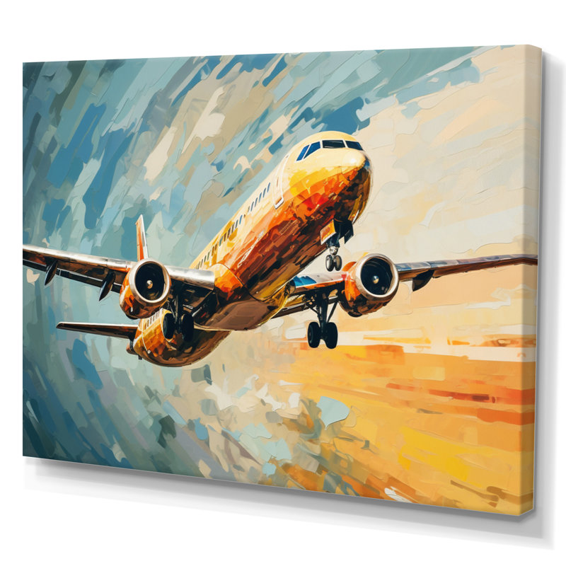 Avion bleu sarcelle sous un nuage abstrait sur toile, Toile tendue, H 30 po x l 40 po x P 1,5 po