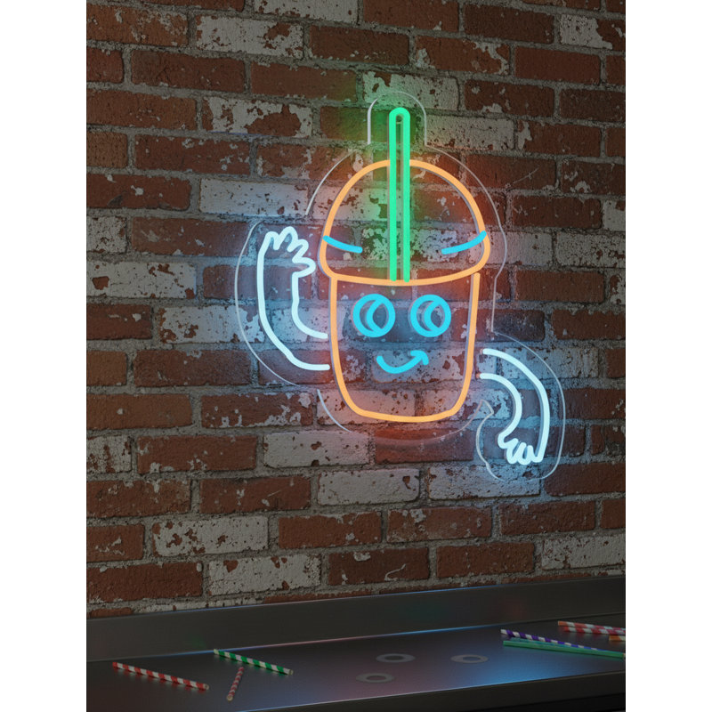  | Enseigne néon de boisson souriant | Fabriqué avec un tube néon flexible durable pour un éclairage lumineux et uniforme et une lueur durable sans scintillement ni dommages | 20 x 17 | Orange, vert, bleu