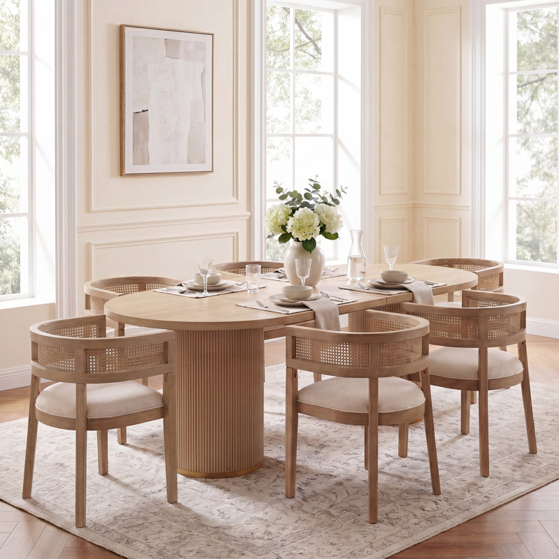 Ensemble de table de salle à manger 6 personnes Chassidi avec fauteuils rembourrés et base à double piédestal, Light Ash