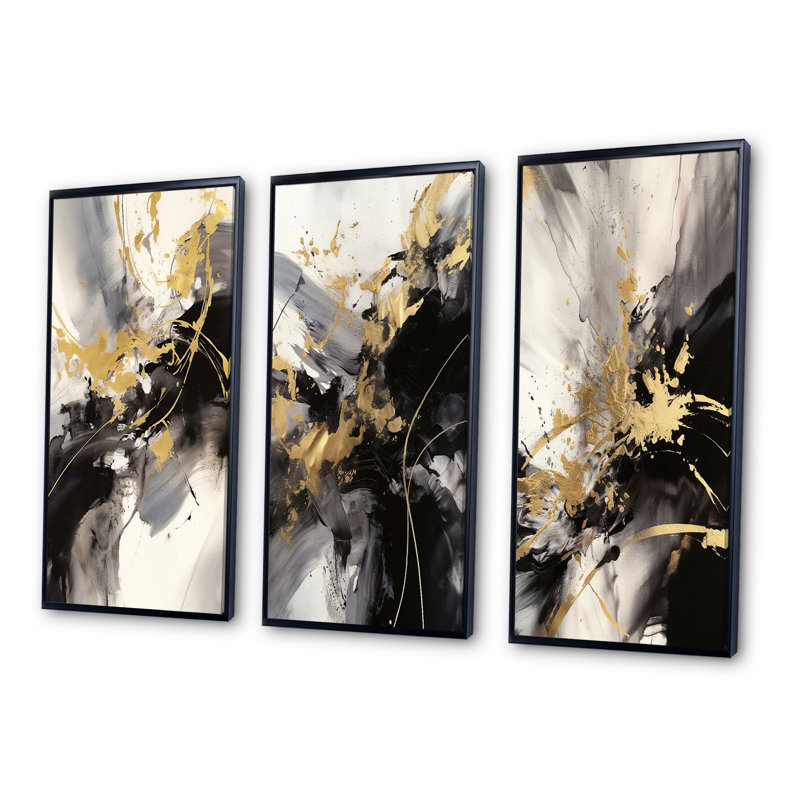 Gold And Grey Fluid Fusion - Abstract Art Set Of 3 Pieces, Black Floater Framed, 32" H x 48" W